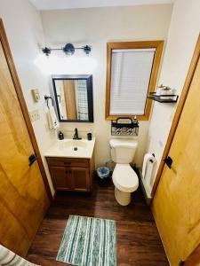ein Badezimmer mit Toilette, Waschbecken und Spiegel in der Unterkunft Cozy Cottage by the Lake in Albrightsville