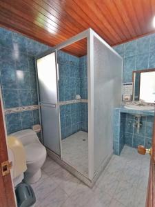 a bathroom with a shower with a toilet and a sink at Hotel Rodadero Relax in Gaira