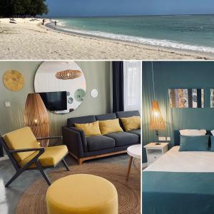 a living room with a couch and a beach at Premium Beach apartment avec grande terrasse privée Les Cerisiers in Flic-en-Flac