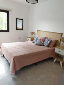 a bedroom with a large bed with two pillows on it at Departamentos Mariano in Cosquín