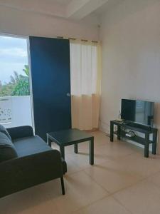 a living room with a couch and a table and a tv at Cozy 2-Bedroom Apartment in Boracay