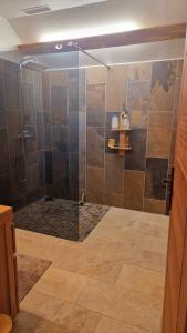 a shower with a glass door in a bathroom at Le Longani 974 in Saint-Pierre