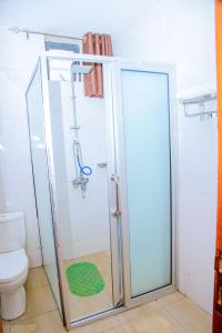 a bathroom with a shower and a toilet at Diplomat Apartments Rugando in Kigali