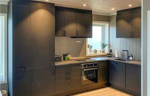 a kitchen with dark brown cabinets and a window at Nice Home In Rauland With House A Mountain View in Rauland