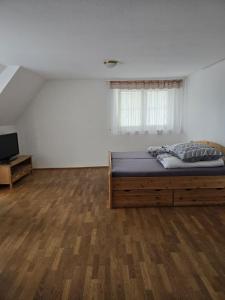 a bedroom with a bed and a television in it at 7 Berge Aussicht in Freden