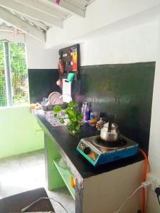 a kitchen with a counter top with a stove at Green Bird in Mirissa +24 photos