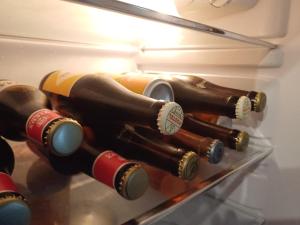 a group of wine bottles in a refrigerator at Guesthouse La maison de Fille in Diest