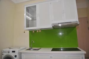 eine Küche mit einem Waschbecken und einer grünen Wand in der Unterkunft nhatroduytan in Hanoi
