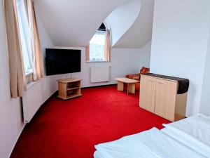 a bedroom with a red carpet and a flat screen tv at Casino & Pension Admiral Dolní Dvořiště in Dolní Dvořiště
