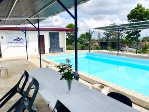 a vase of flowers on a table next to a swimming pool at Concetta Tourist Inn in Damilag