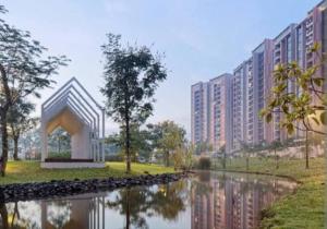 a rendering of a building next to a river at 2BR Luxury Condo with 10Ha garden di Marigold BSD in Lengkong-kulon