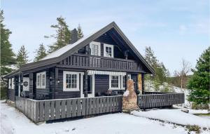 a black house with a fence in the snow at 3 Bedroom Gorgeous Home In Treungen in Treungen