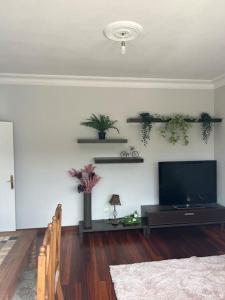 a living room with a large flat screen tv at Casa en el centro de Bezana in Santa Cruz de Bezana