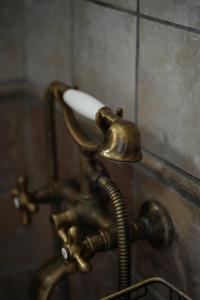 a brass faucet with a hose attached to a wall at Vatellis Villas in Patitiri
