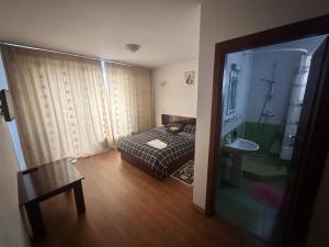 a bedroom with a bed and a bathroom with a sink at Pensiunea Artemis in Craiova