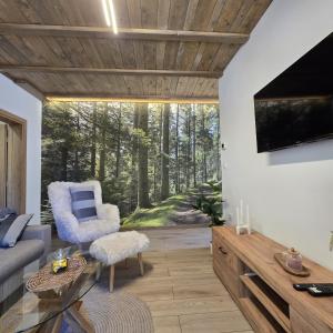 a living room with a couch and a tv at Trebevićki Raj in Brus +7 photos