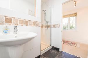 Un baño blanco con lavabo y ducha en Old Farm For Four, en Pembroke 31 fotos más