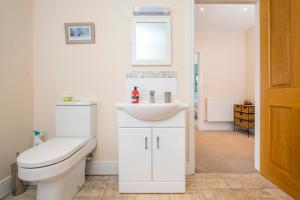 ein weißes Badezimmer mit Toilette und Waschbecken in der Unterkunft Skylark Cottage in Haverfordwest + 32 Fotos