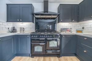 a kitchen with blue cabinets and a stove at St Marys Hill Chapel in Tenby