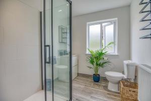 a bathroom with a shower and a toilet at St Marys Hill Chapel in Tenby +32 photos