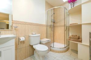 a bathroom with a toilet and a shower and a sink at Waterwynch House in Tenby +32 photos