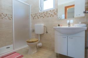 łazienka z toaletą, umywalką i prysznicem w obiekcie Apartments Zvone1 w mieście Veli Rat +37 zdjęć