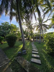 a stepping stone pathway with palm trees in a yard at Ginger Harmony Tangalle Lagoon View in Tangalle