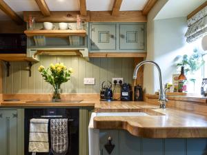 a kitchen with green cabinets and a sink at Johnsons Cottage - Uk39727 in Taddington