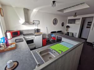a kitchen with a sink with a green towel on it at Maisonnette Les vents marins in Malo-les-Bains