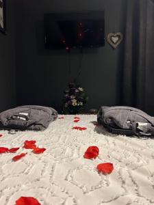 a bed with red flowers on it in a room at Love-cocon sur mantes sur mante in Mantes-la-Jolie