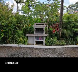 a stone stove in a garden with plants and trees at Villa Ti Gîte - Piscine privée in Le Marin