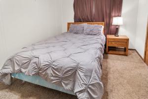 a bed with a silver comforter in a bedroom at SC105B 1BR 1BA Sleeps Six Wi-Fi Free Parking Close To Lift in Snowshoe