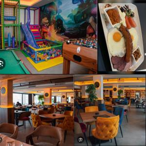 uma colagem de fotos de um restaurante com mesa de bilhar em Apartment S&A Milmari Resort S43 em Kopaonik