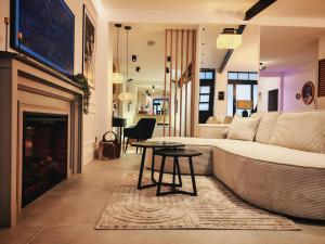 a living room with a couch and a fireplace at Stilvolle Suite im Herzen von Landau in Landau in der Pfalz