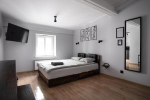 una camera da letto bianca con un letto e uno specchio di DREAM APARTMENTS - Wschodnia 34 a Łódź Altre 50 foto