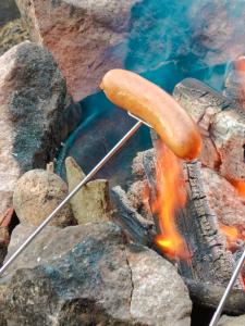 アカスロンポロにあるLapland Riverside, Landscape Cabin 8, KUUKKELI, Ylläs, Tiny Home with Sauna, Fireplace, Terrace, BBQ, Wifi, Ski, Fishing, Pets OKのホットドッグ