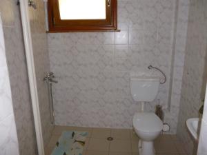 baño con aseo y ducha con ventana en Hotel Comfort en Veliko Tŭrnovo