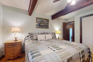 a bedroom with a bed and a table with a lamp at Little Cub in Blue Ridge