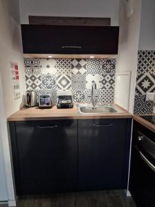 モンテヴランにあるAppartement Cosy Disneylandのシンクとカウンタートップのあるキッチン