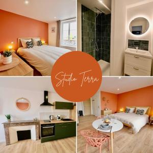 a collage of three pictures of a bedroom at D-Day Suites in Carentan