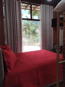 a bedroom with a red bed in front of a window at Recanto das palmeiras in Espera Feliz