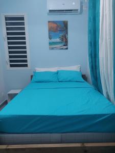 a bedroom with a bed with blue sheets and a picture at Gaby villa in Capesterre