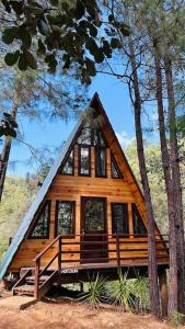 a wooden cabin in the middle of some trees at Cabaña nueva en el bosque y cerca al río Starlink in San Mateo Río Hondo