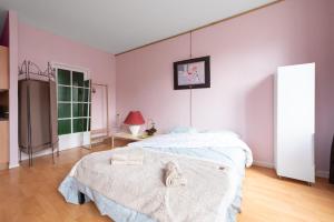 a bedroom with a bed in a room with pink walls at Studio Centre Saint-Girons in Saint-Girons +3 photos