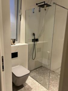 a bathroom with a toilet and a glass shower at Wunderschöne Wohnung nahe Köln und Düsseldorf in Dormagen