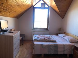 a bedroom with a bed and a desk and a window at Solar in Skhidnitsa
