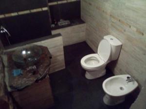 a bathroom with a white toilet and a sink at Casa Arouzi in Talasnal