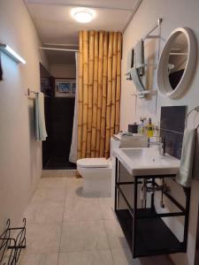a bathroom with a sink and a toilet and a mirror at Oheneba Tema - Luxury Hot -Tub Retreat with Wi-Fi in Tema