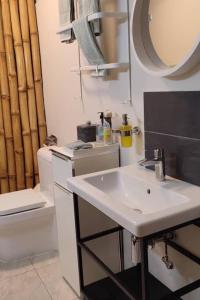 a bathroom with a sink and a toilet and a mirror at Oheneba Tema - Luxury Hot -Tub Retreat with Wi-Fi in Tema +42 photos