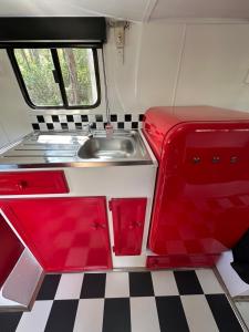una cucina con lavandino e pavimento a scacchi di Alice & Elvis, Crescent Head, Retro Caravans with Deck, Bathroom & Outdoor Bath in a Bush Setting near the Beach a Crescent Head Altre 35 foto